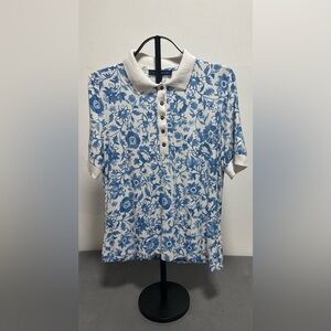 Tommy Hilfiger Blue Floral Polo Shirt Women’s Medium Short Sleeve